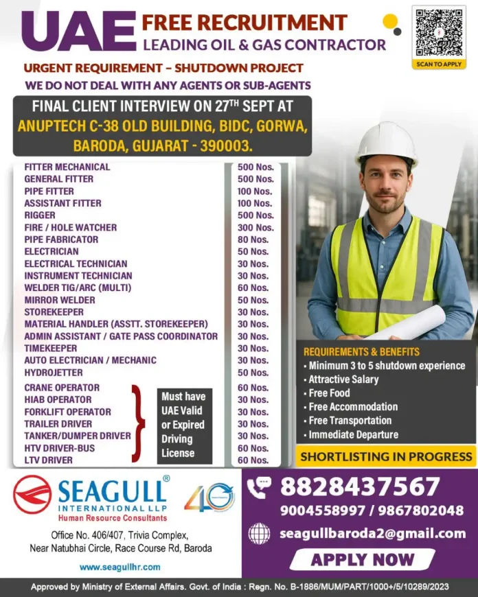 UAE free recruitment oil and gas shutdown project job interview in Baroda