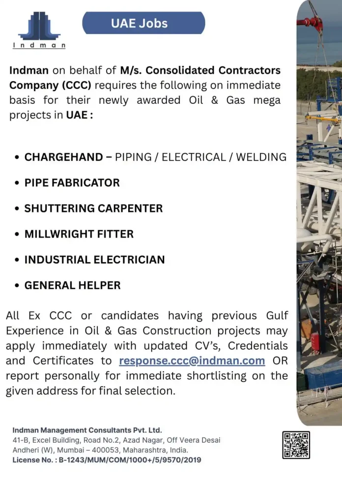 CCC UAE Oil and Gas construction jobs hiring by Indman
