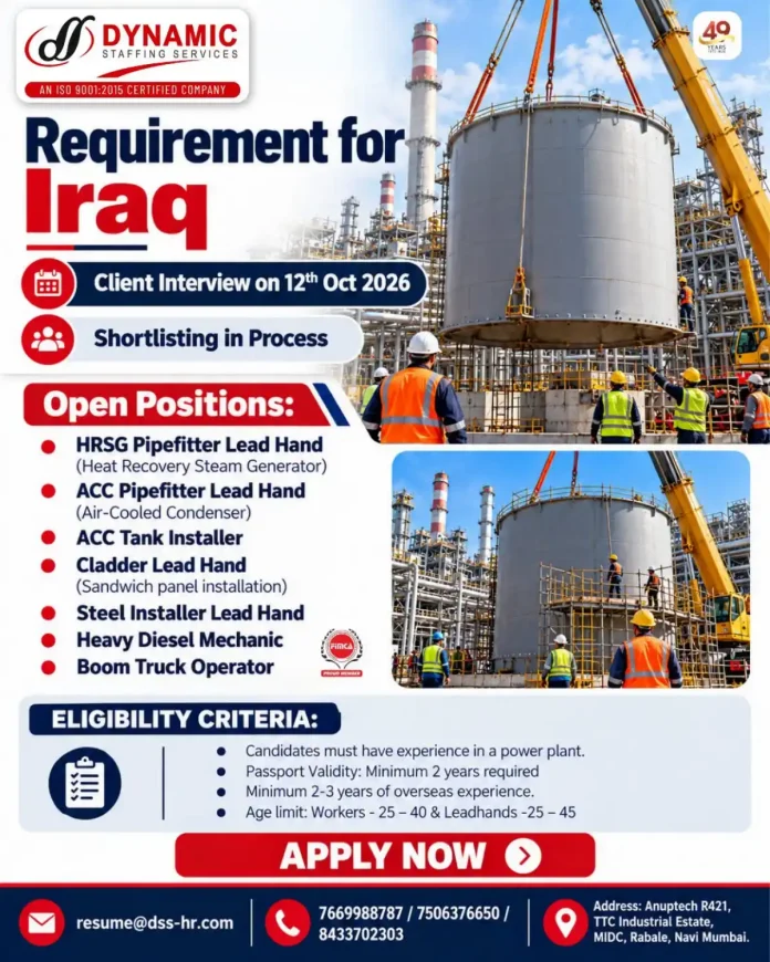 Iraq power plant jobs 2026 Dynamic Staffing Services hiring HRSG ACC Pipefitter Heavy Diesel Mechanic Boom Truck Operator
