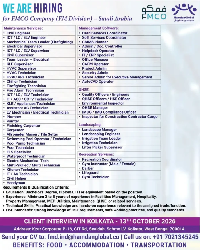 FMCO Saudi Arabia jobs interview in Kolkata for FM Division