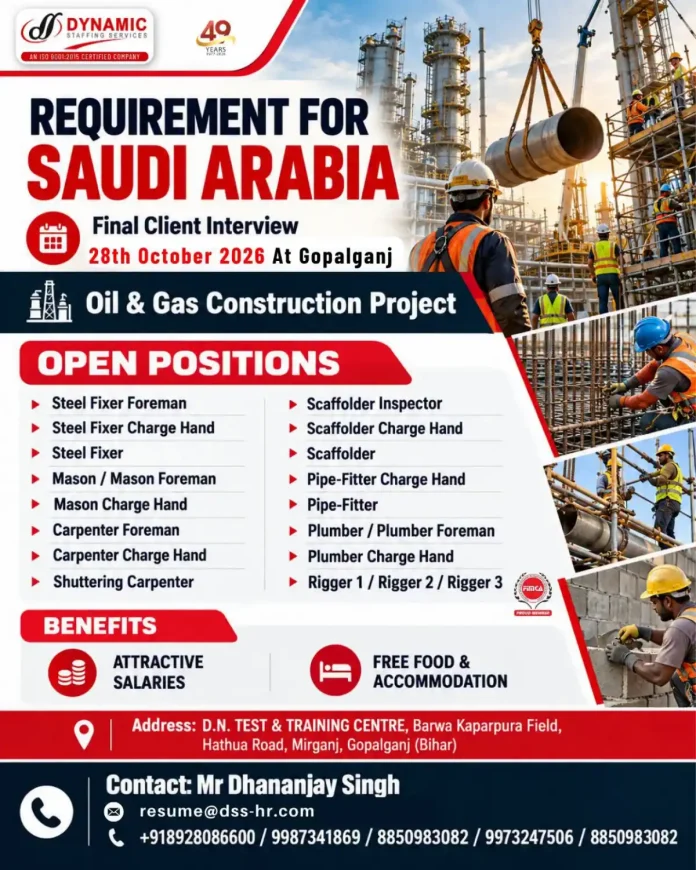 Saudi Arabia Oil & Gas Construction Jobs 2026 recruitment by Dynamic Staffing Services