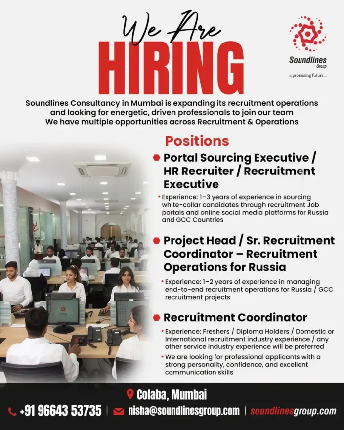 Soundlines Group hiring recruitment and operations professionals in Colaba Mumbai