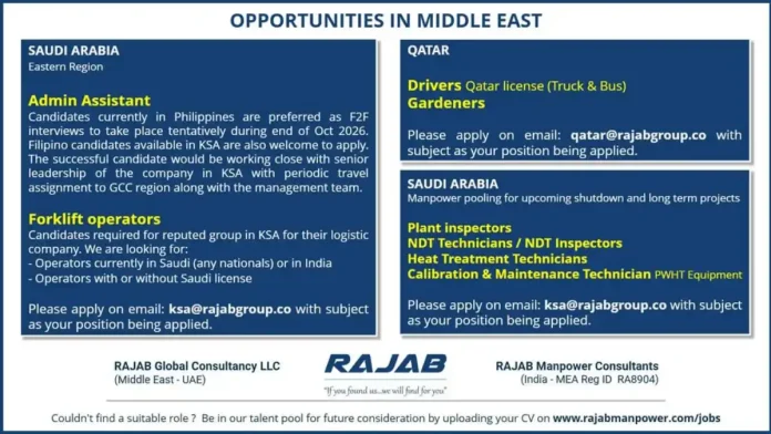Rajab Manpower Middle East job vacancies in Saudi Arabia and Qatar