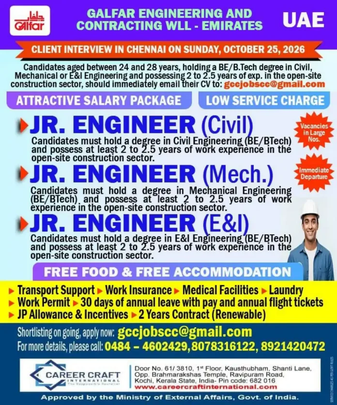Galfar Engineering and Contracting WLL Emirates UAE Jr Engineer jobs client interview in Chennai