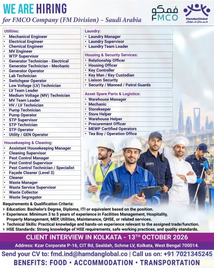 FMCO Saudi Arabia jobs interview in Kolkata for utilities and facilities management roles