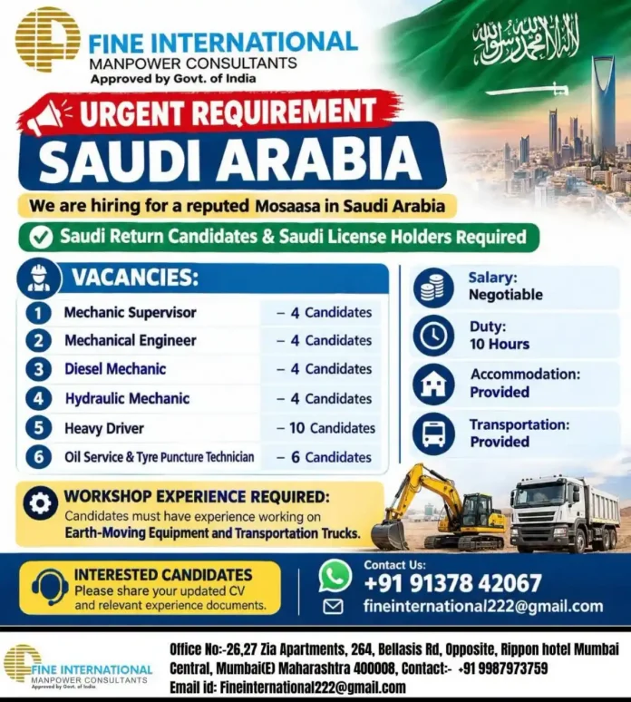 Fine International Manpower Consultants urgent Saudi Arabia jobs for mechanics and heavy drivers