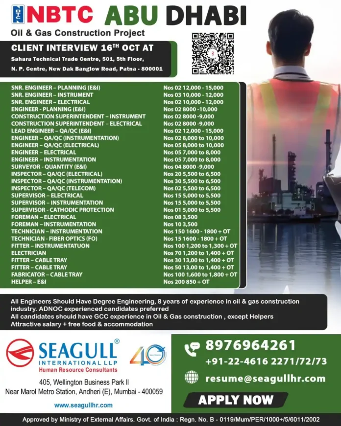 NBTC Abu Dhabi Oil & Gas Construction Jobs Client Interview in Patna