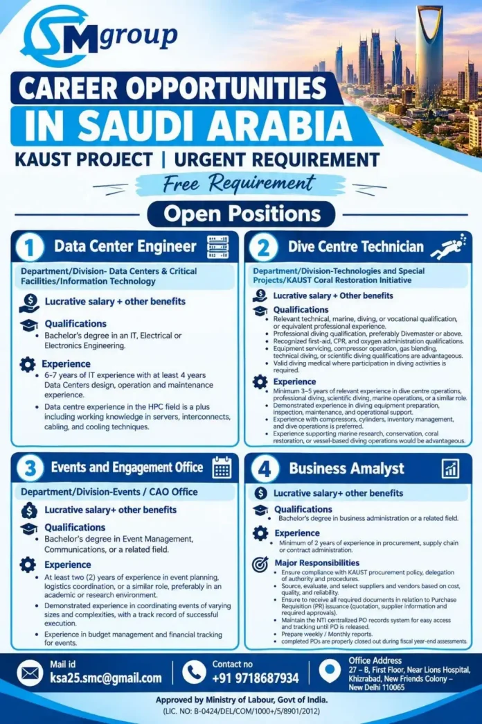 SMgroup KAUST Project jobs in Saudi Arabia hiring Data Center Engineer, Dive Centre Technician, Events Officer, Business Analyst