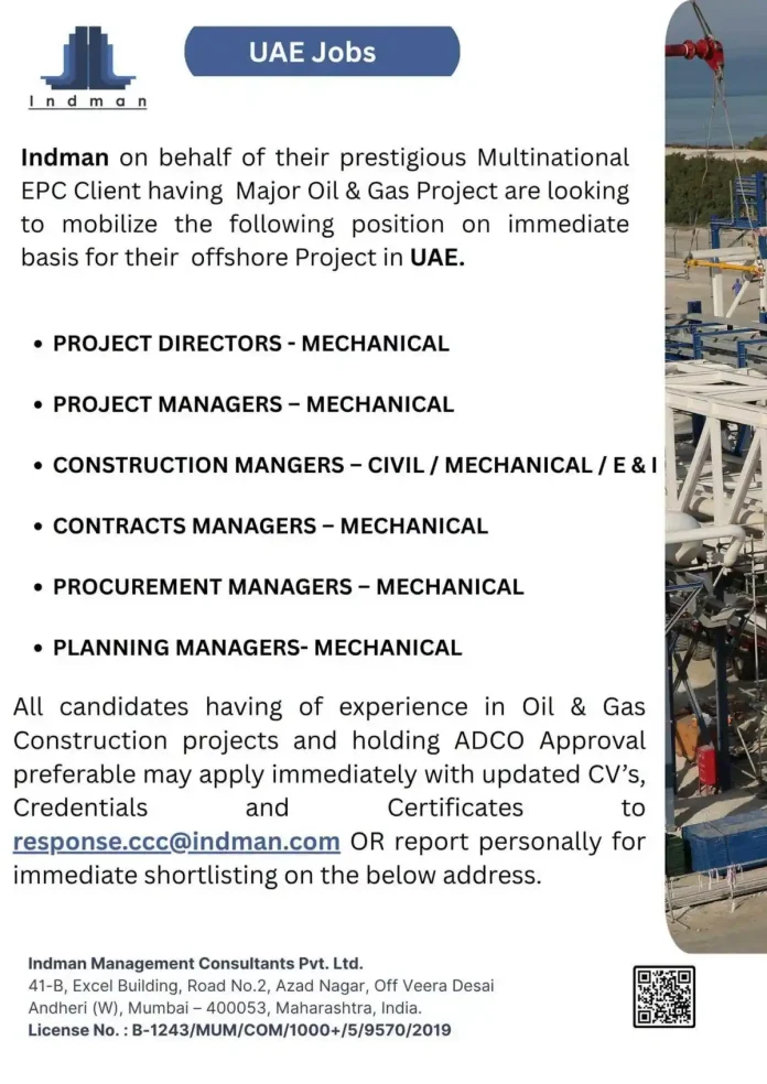 UAE Offshore Oil and Gas Jobs by Indman for multinational EPC client