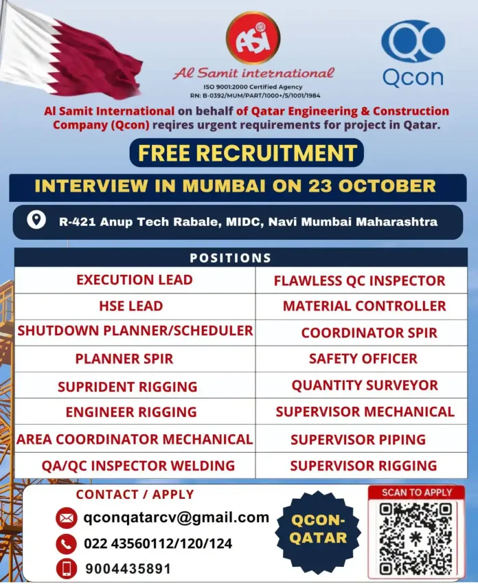 Qcon Qatar jobs free recruitment walk-in interview in Mumbai by Al Samit International