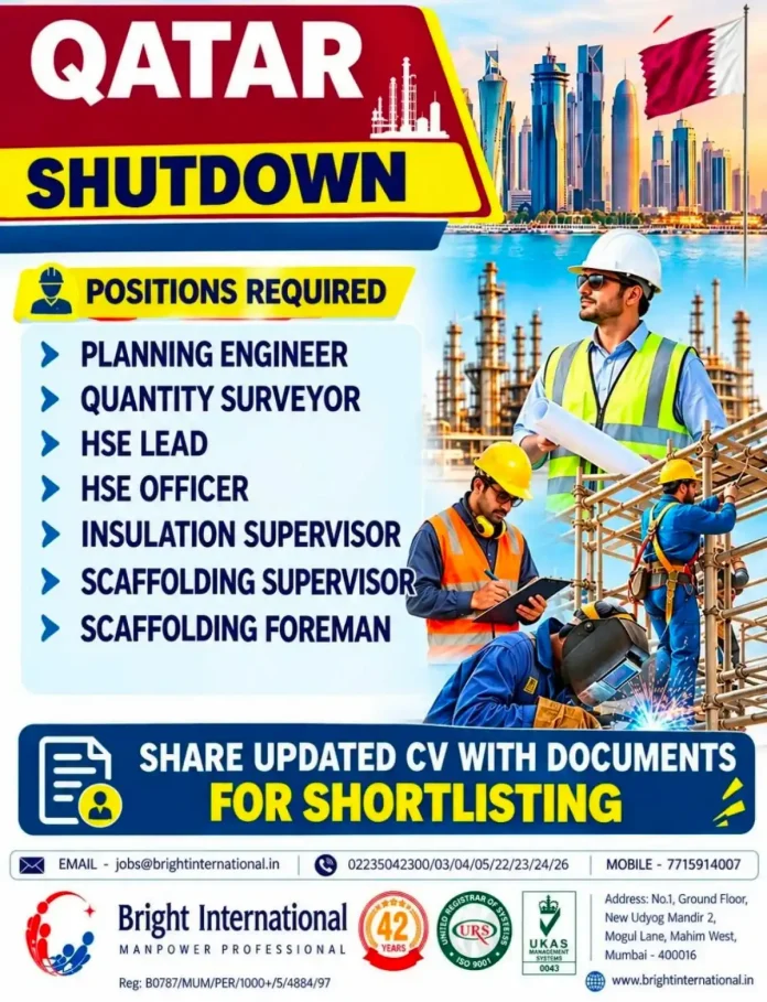 Qatar shutdown jobs hiring Planning Engineer Quantity Surveyor HSE Officer Insulation and Scaffolding Supervisor Foreman