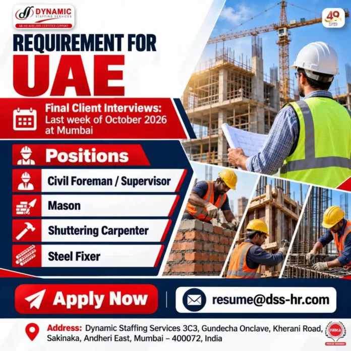 UAE construction jobs 2026 hiring civil foreman mason shuttering carpenter steel fixer in Mumbai