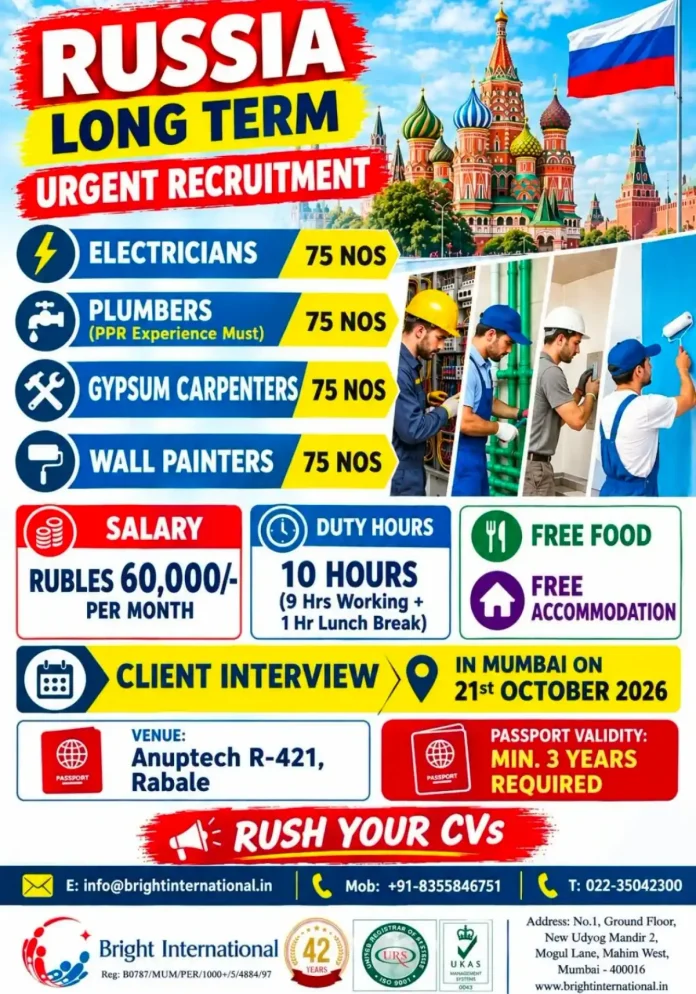 Russia jobs 2026 urgent recruitment for electricians, plumbers, carpenters and painters