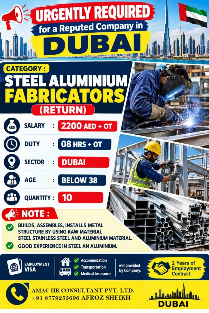 Steel and Aluminium Fabricator job vacancy in Dubai UAE