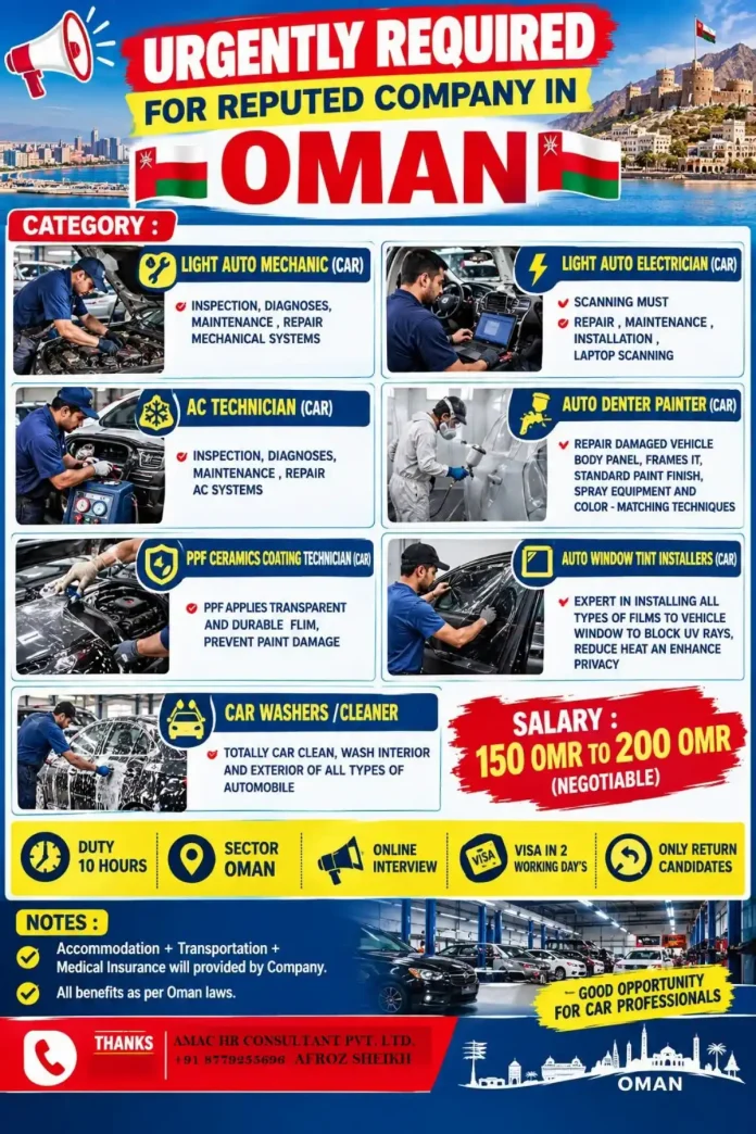 Urgently required car professionals in Oman - auto mechanic, electrician, AC technician, denter painter, PPF ceramic coating, tint installer and car washer jobs