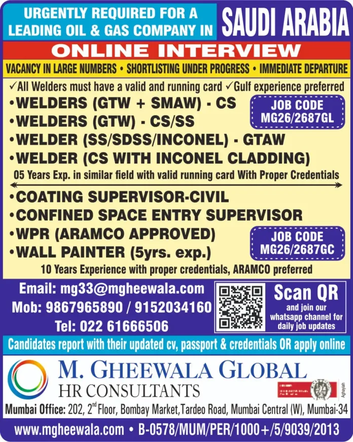 Saudi Arabia oil and gas jobs for welders and supervisors online interview