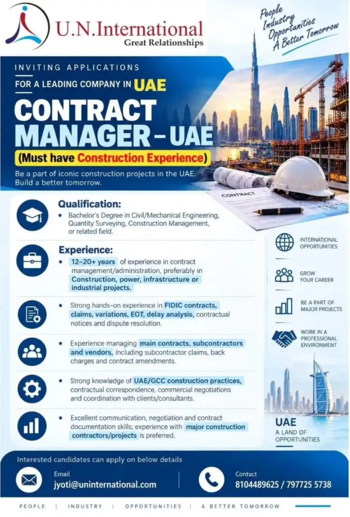 Contract Manager UAE construction job opportunity with FIDIC contracts experience
