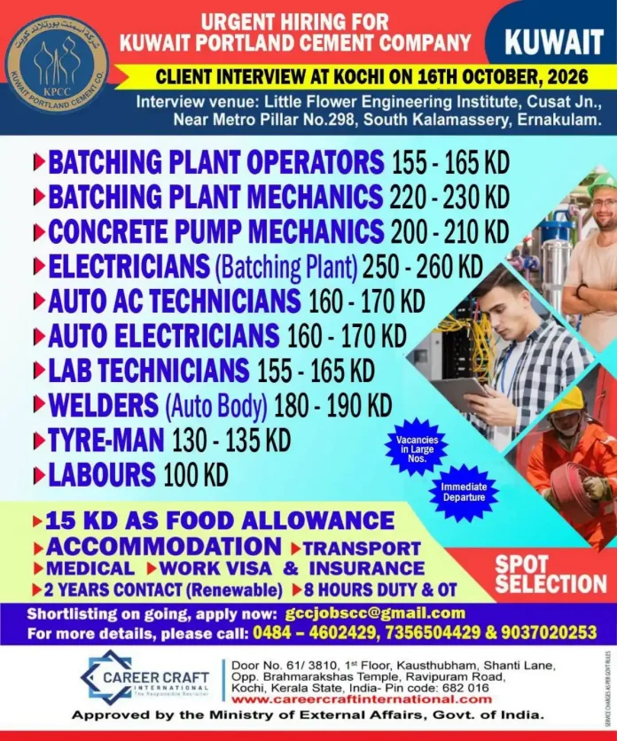 Kuwait Portland Cement Company KPCC job vacancies interview at Kochi