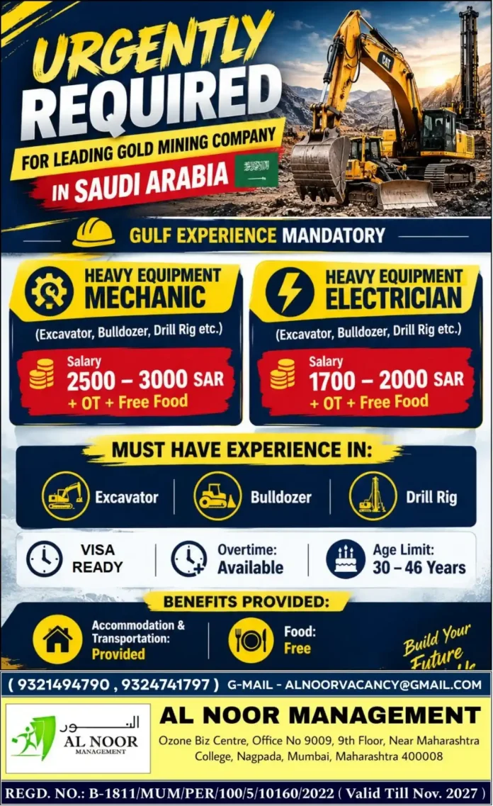 Heavy equipment mechanic repairing excavator at gold mining site in Saudi Arabia