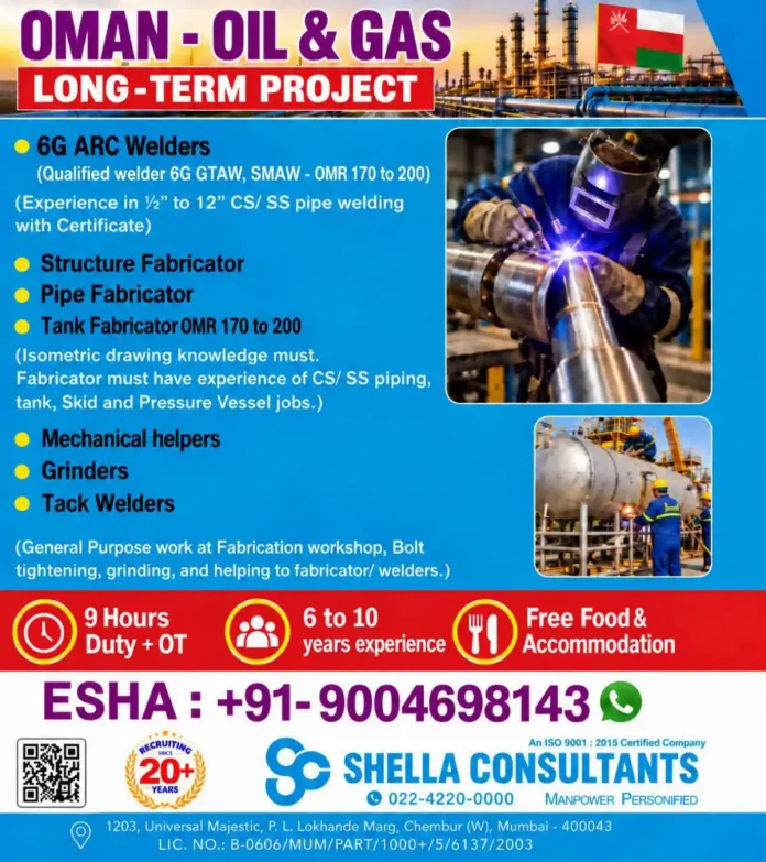 Oman Oil & Gas long-term project jobs for 6G welders and fabricators by S Shella Consultants