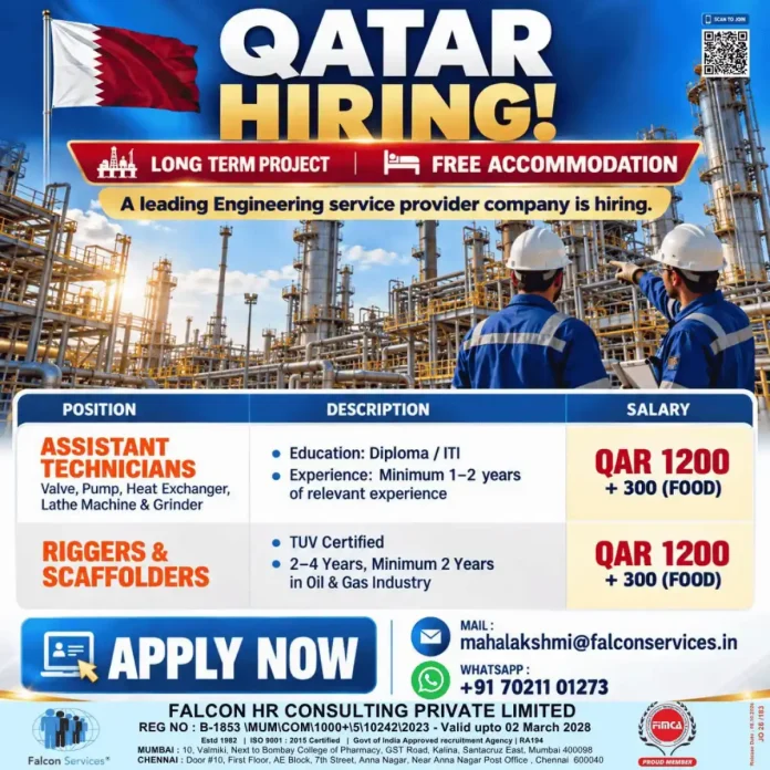 Qatar job vacancy for Assistant Technicians, Riggers and Scaffolders with free accommodation