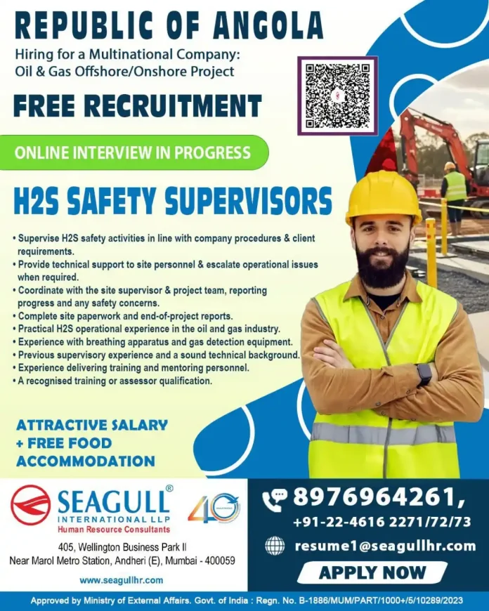 H2S Safety Supervisor Jobs in Angola – Oil & Gas Offshore/Onshore Project