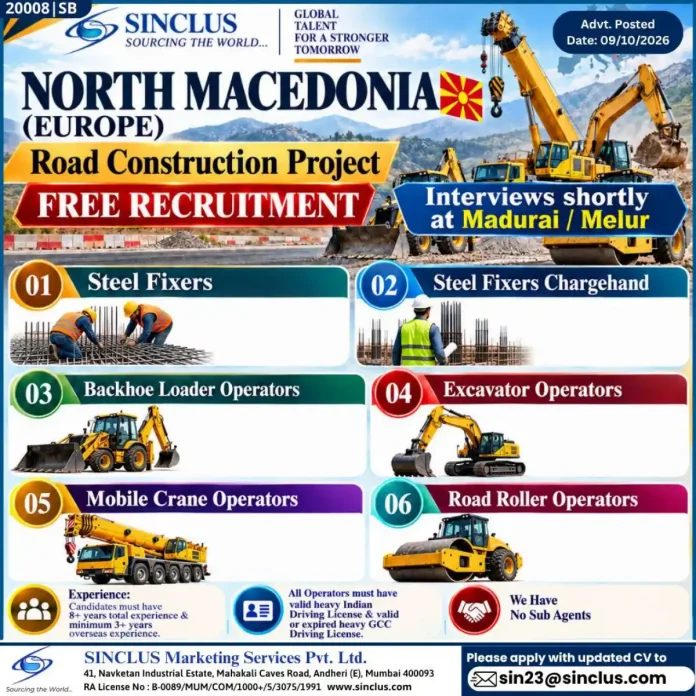 SINCLUS recruitment for North Macedonia road construction project jobs for steel fixers and operators