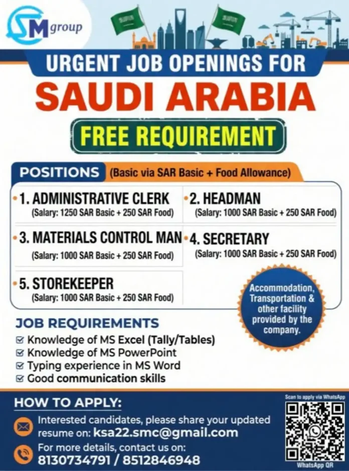 SM Group Saudi Arabia job openings for administrative clerk headman materials control man secretary storekeeper