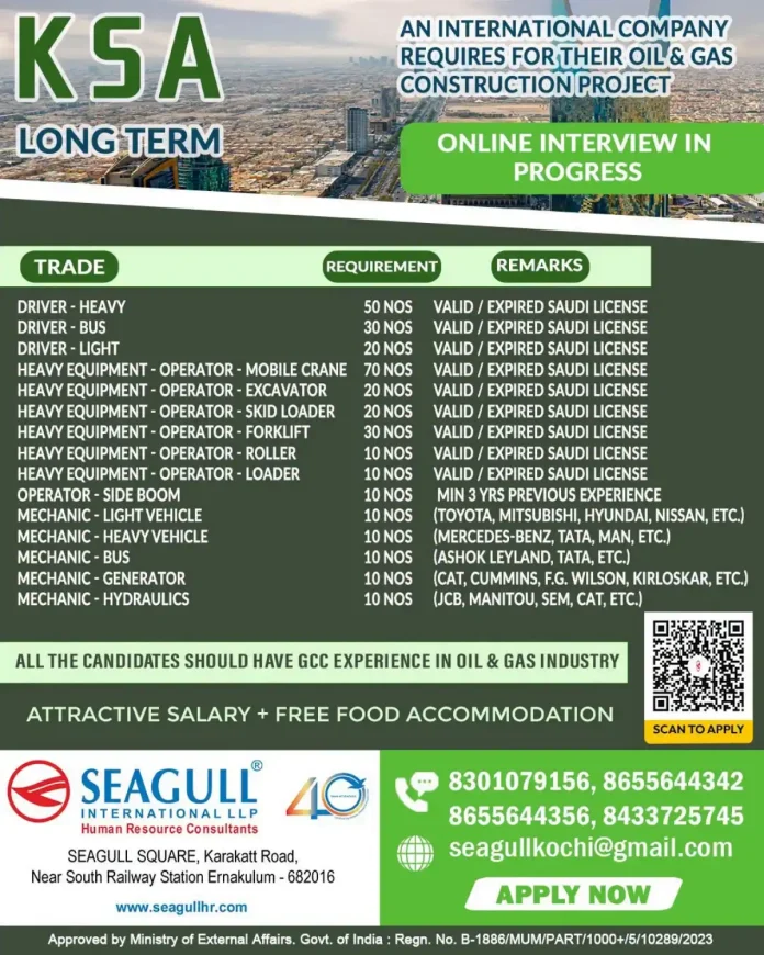 Saudi Arabia Oil and Gas Jobs for Drivers, Heavy Equipment Operators and Mechanics
