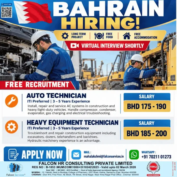 Falcon Services Bahrain hiring Auto Technician and Heavy Equipment Technician