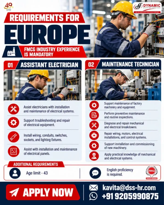 Europe FMCG jobs for Assistant Electrician and Maintenance Technician