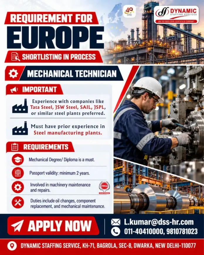 Mechanical Technician Jobs in Europe for Steel Manufacturing Plant