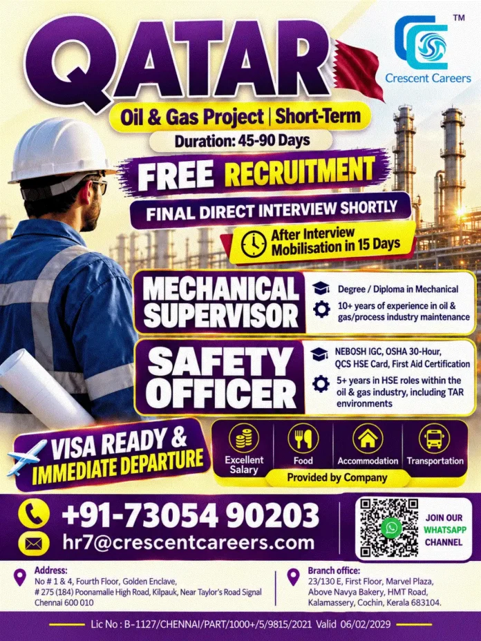 Qatar oil and gas project jobs for mechanical supervisor and safety officer with free recruitment