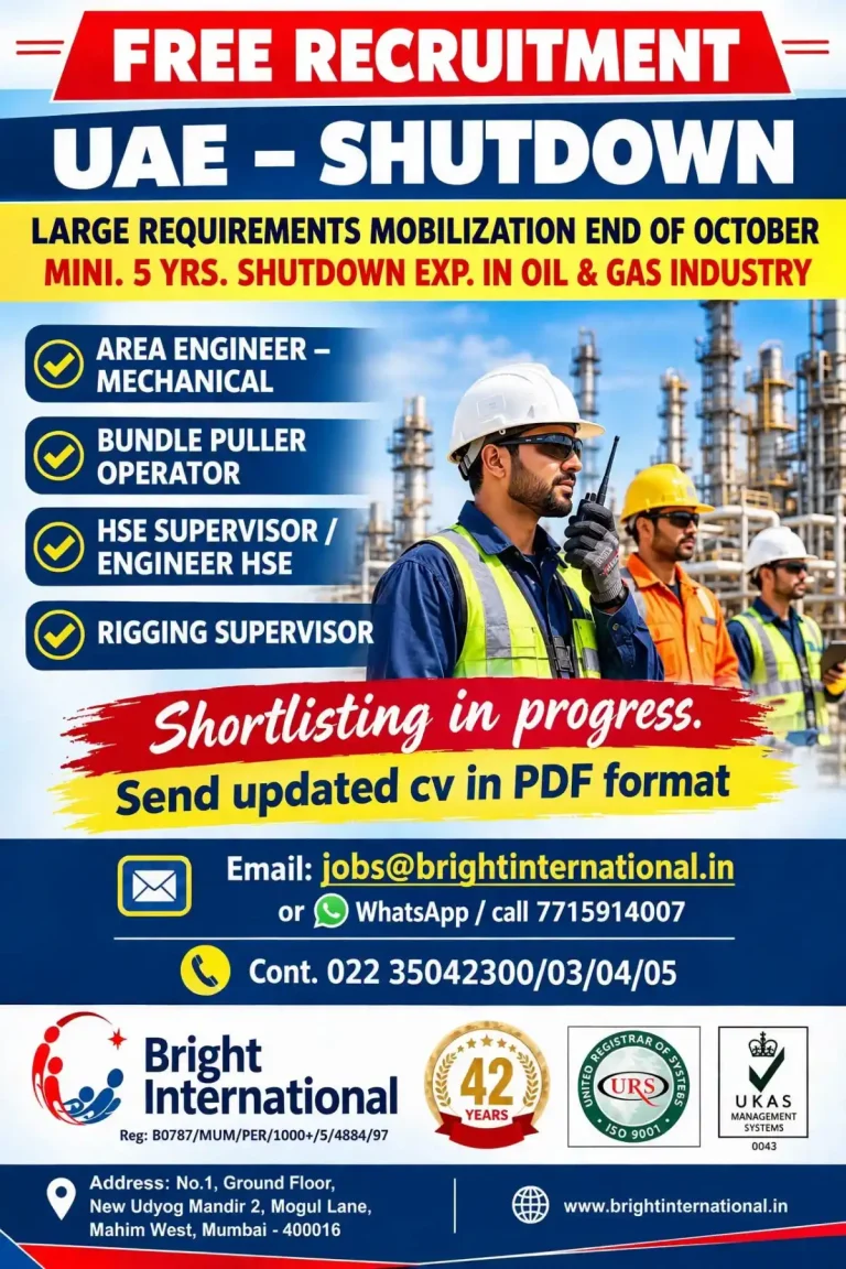 UAE Shutdown Jobs – Bright International Hiring Area Engineer, HSE, Rigging Supervisor