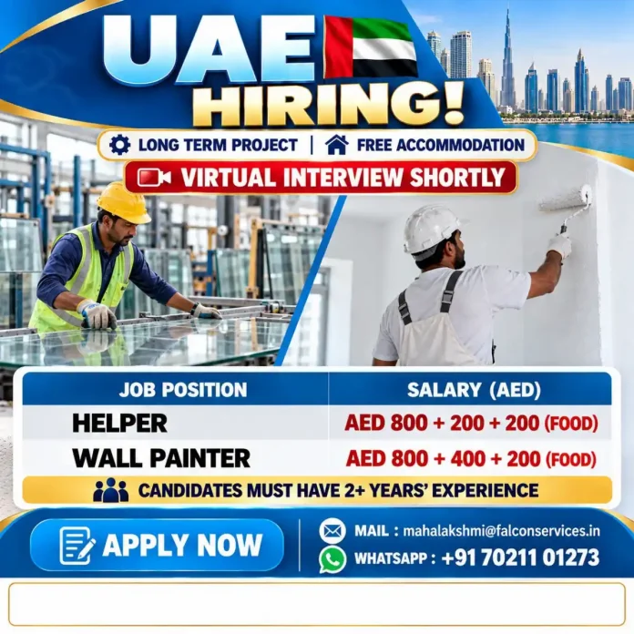 UAE Helper and Wall Painter job vacancy with free accommodation