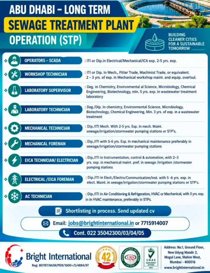 Abu Dhabi Sewage Treatment Plant Operation Jobs at Bright International