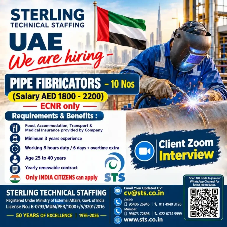 Pipe Fabricator Jobs in UAE 2026 – Sterling Technical Staffing Hiring 10 Nos