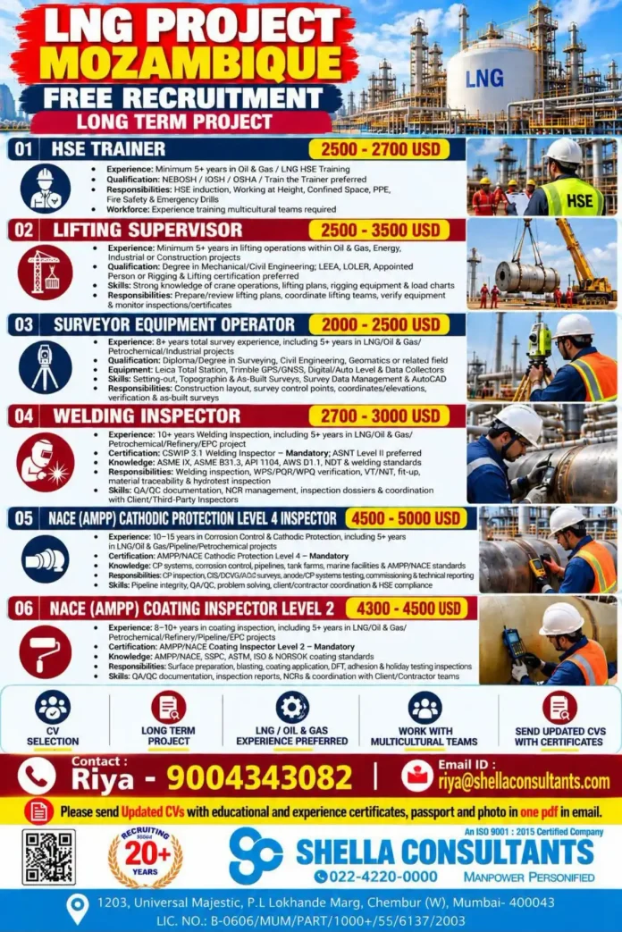 LNG Project Mozambique job vacancy free recruitment by Shella Consultants for HSE Trainer, Lifting Supervisor, Surveyor, Welding Inspector, NACE CP Level 4 and Coating Inspector Level 2