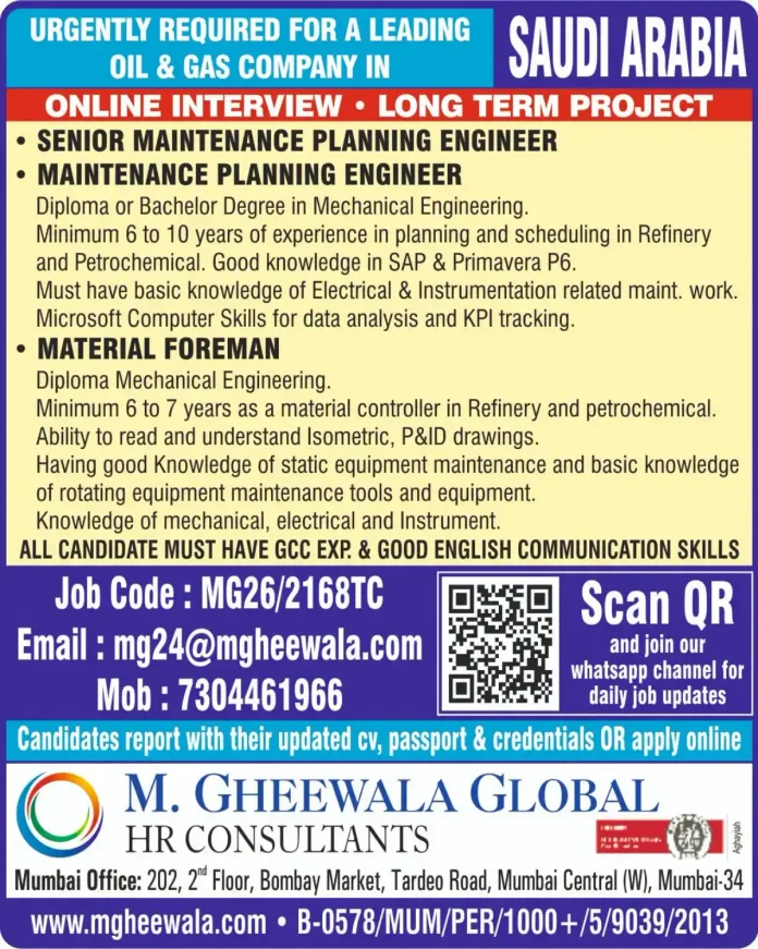 Maintenance Planning Engineer and Material Foreman jobs in Saudi Arabia Oil and Gas