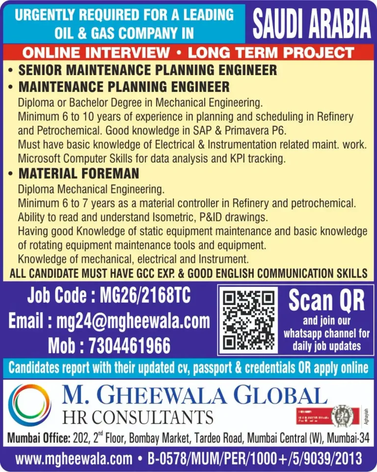 Urgent Hiring: Maintenance Planning Engineers & Material Foreman – Saudi Arabia Oil & Gas