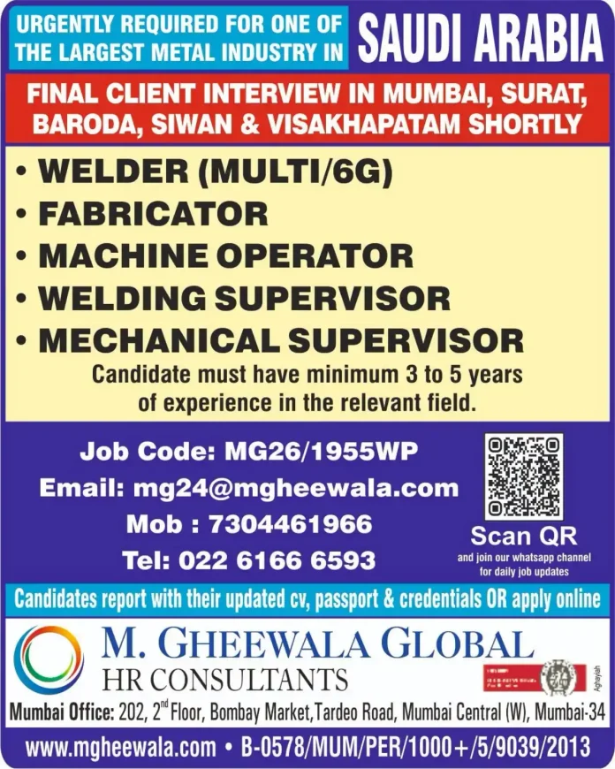 Saudi Arabia metal industry jobs for welder, fabricator, machine operator and supervisors