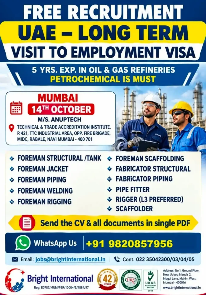 Free recruitment UAE oil and gas refinery jobs walk-in interview in Navi Mumbai