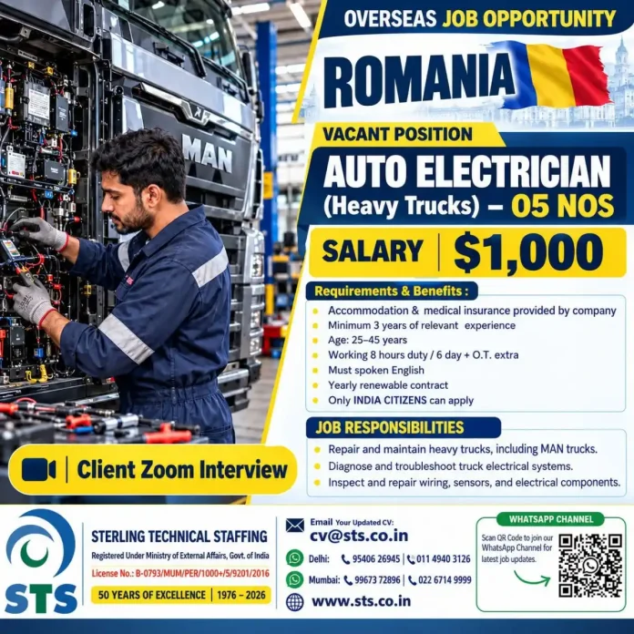 Auto Electrician Heavy Trucks Romania overseas job opportunity