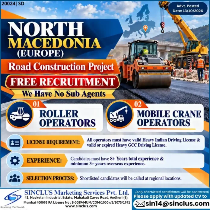 Roller and mobile crane operators working on a road construction project in North Macedonia