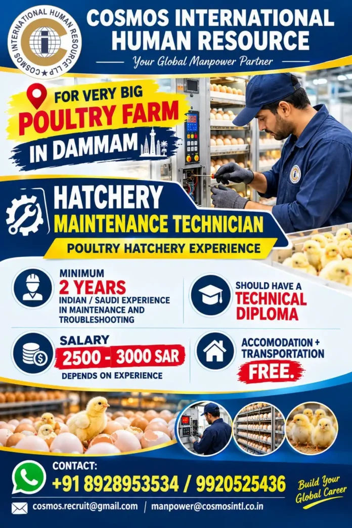 Hatchery Maintenance Technician job vacancy in Dammam Saudi Arabia