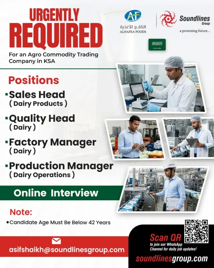 Dairy jobs in KSA with Alnafea Foods and Soundlines Group