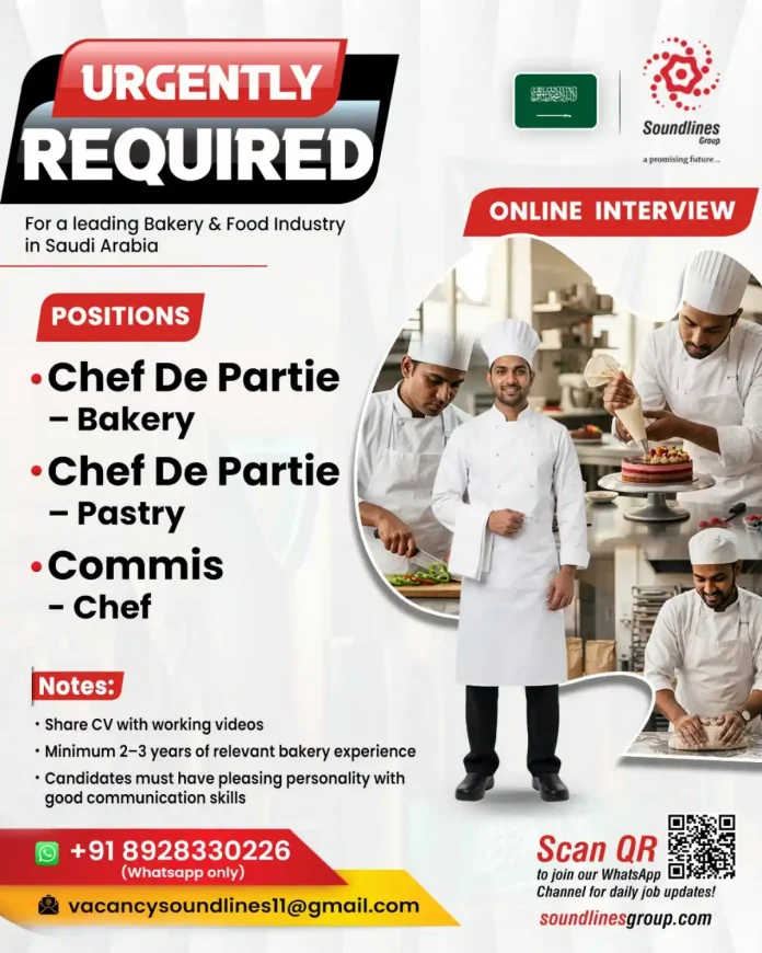Bakery and pastry chefs working in a professional kitchen for jobs in Saudi Arabia