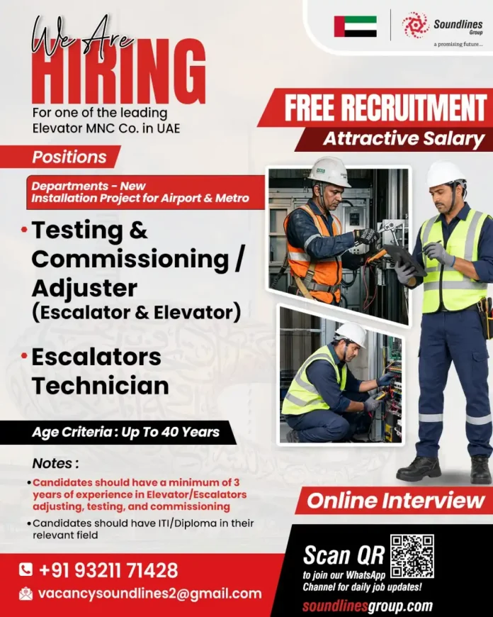 Elevator and escalator technician job vacancy in UAE with Soundlines Group free recruitment