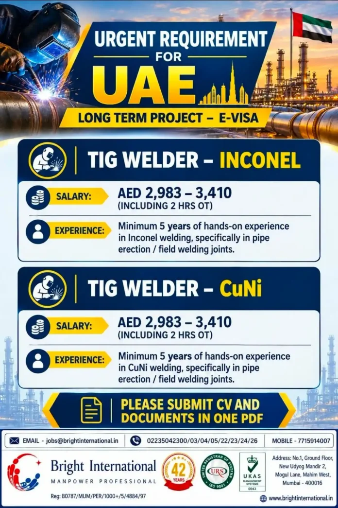 TIG welder working on Inconel and CuNi pipes for UAE job vacancy