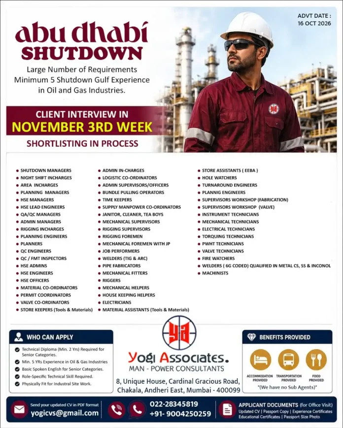 Abu Dhabi oil and gas shutdown jobs recruitment 2026 by Yogi Associates